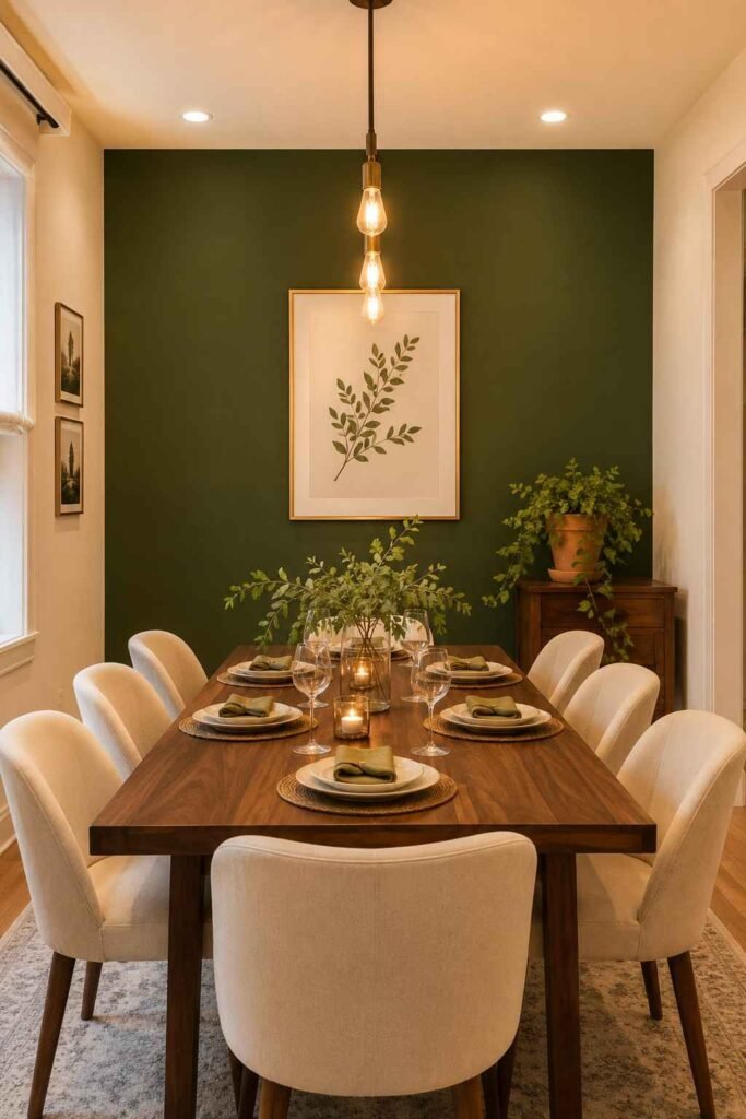 A bright and elegant dining room featuring one large oversized rectangular mirror in an antique gold frame leaning against a soft white wall beside the dining table. The mirror beautifully reflects the window opposite and fills the room with natural daylight. A round marble topped dining table with four black metal chairs sits in the center. Fresh white tulips in a simple glass vase on the table. Light herringbone wooden floor below. Airy and sophisticated daytime dining room feel.