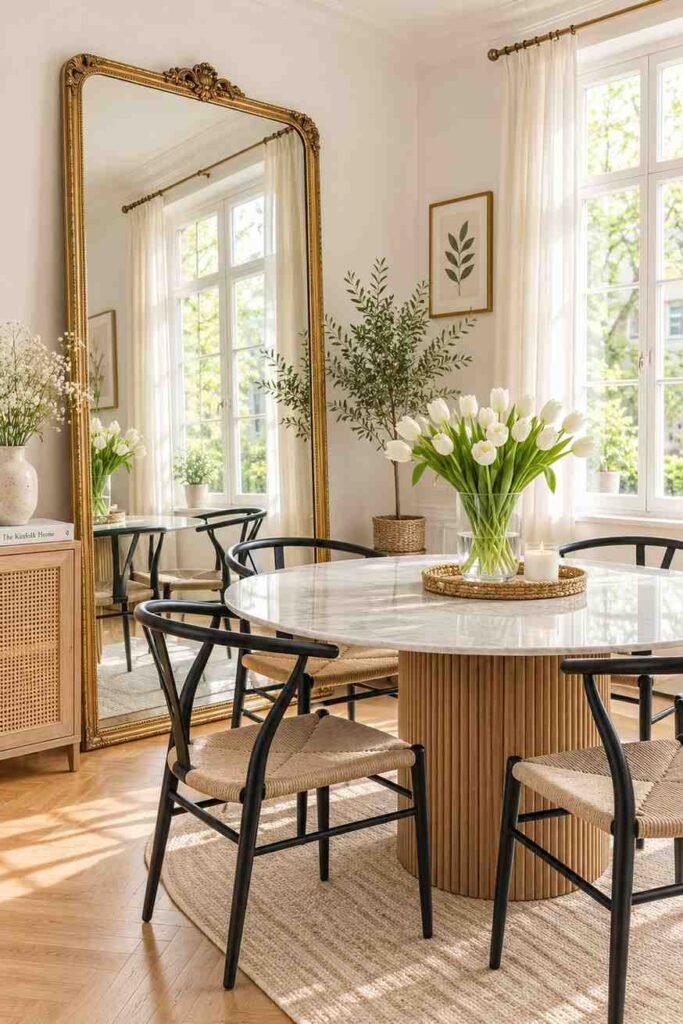 Large oversized antique gold framed mirror leaning against white wall in a bright dining room with marble table and black chairs