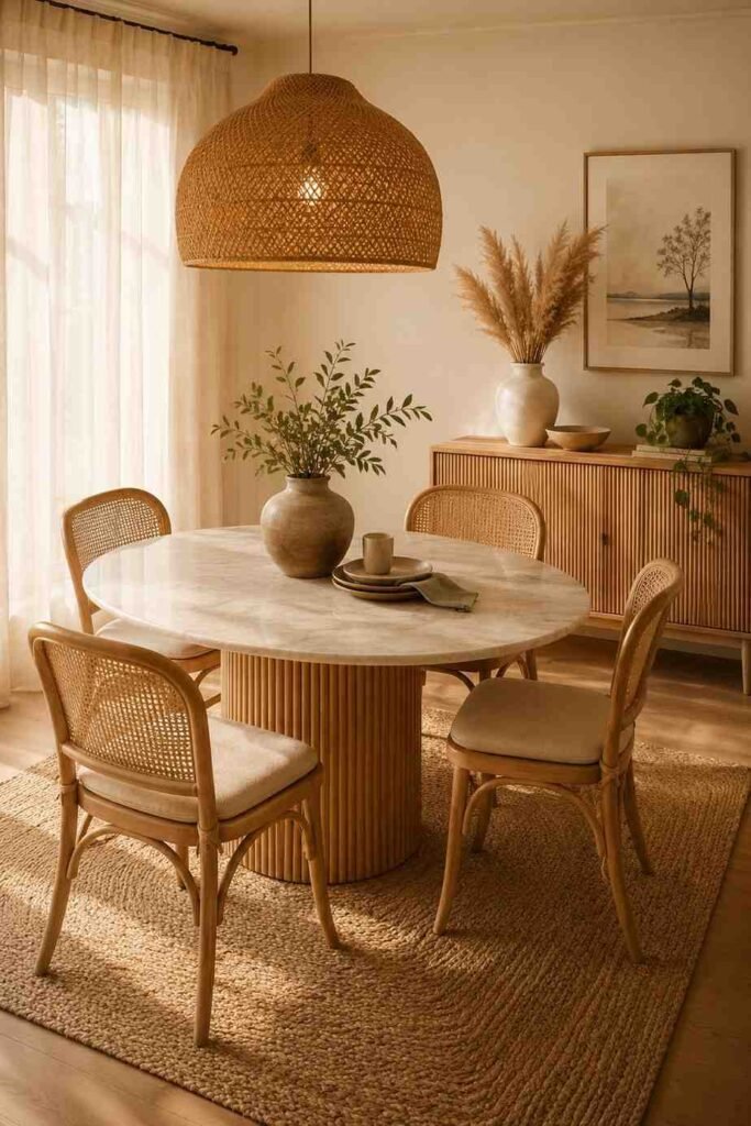 Oval marble dining table with natural rattan chairs woven jute rug and oak sideboard in a warm organic dining room