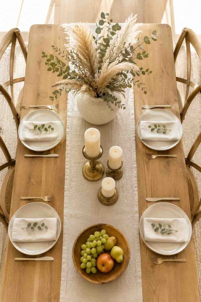 Beautifully styled dining table from above with linen runner pillar candles dried pampas grass and simple ceramic plates