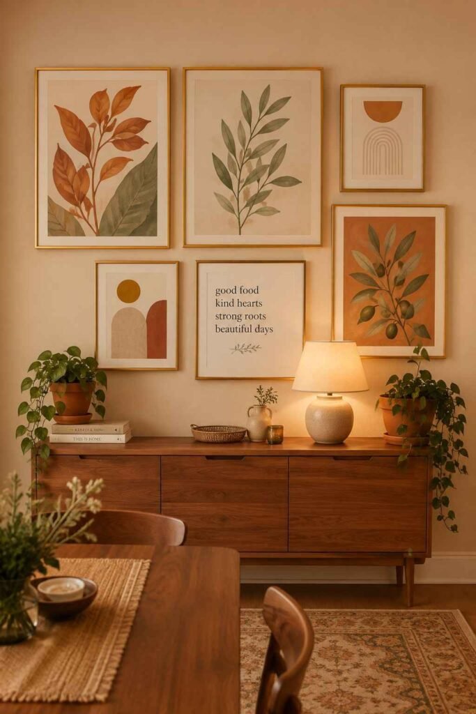 Curated gallery wall with botanical and abstract prints in gold frames above a wooden sideboard with ceramic lamp and plants