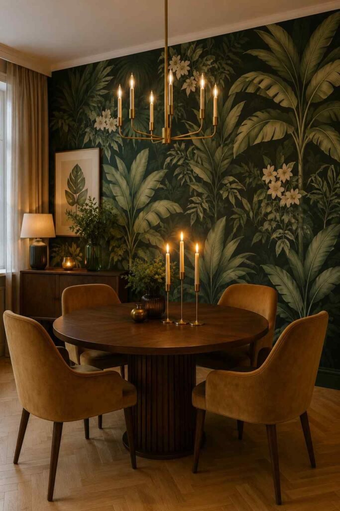 Dark botanical wallpaper feature wall in forest green behind a walnut dining table with camel velvet chairs and brass chandelier
