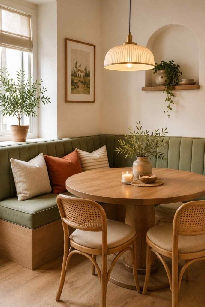 Built in sage green velvet banquette bench beside a round oak dining table with rattan chairs and warm pendant light