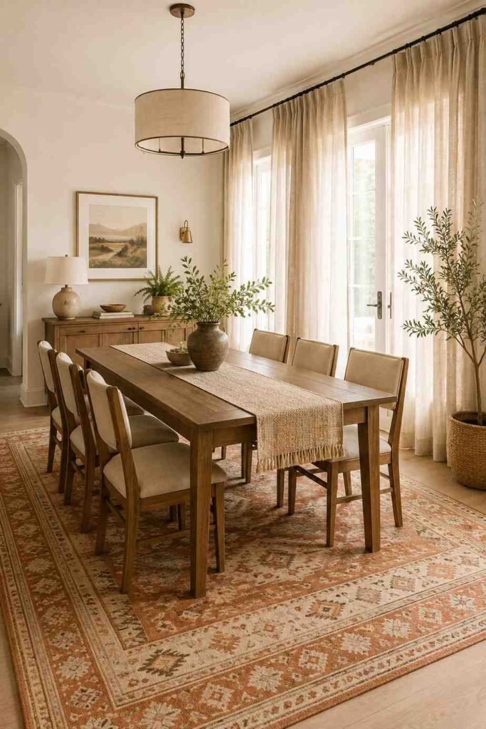 Warm dining room with terracotta flatweave rug oatmeal linen curtains and cream cushioned chairs creating a softly layered interior