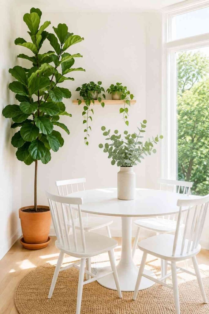 Fresh dining room with tall fiddle leaf fig in terracotta pot beside a white round table with eucalyptus stems and trailing pothos plants