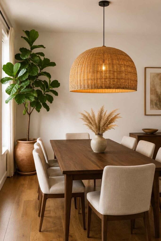  Large oversized rattan pendant light hanging above a dark walnut dining table with linen chairs in a warm dining room