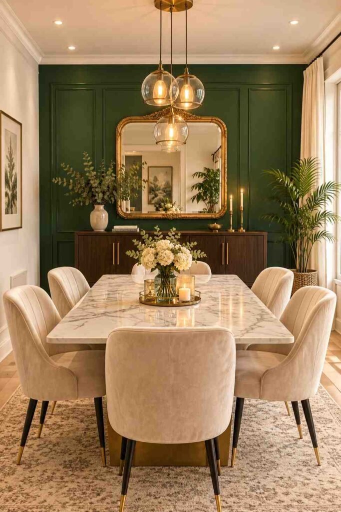 Deep forest green accent wall behind a marble dining table with cream velvet chairs and aged gold mirror

