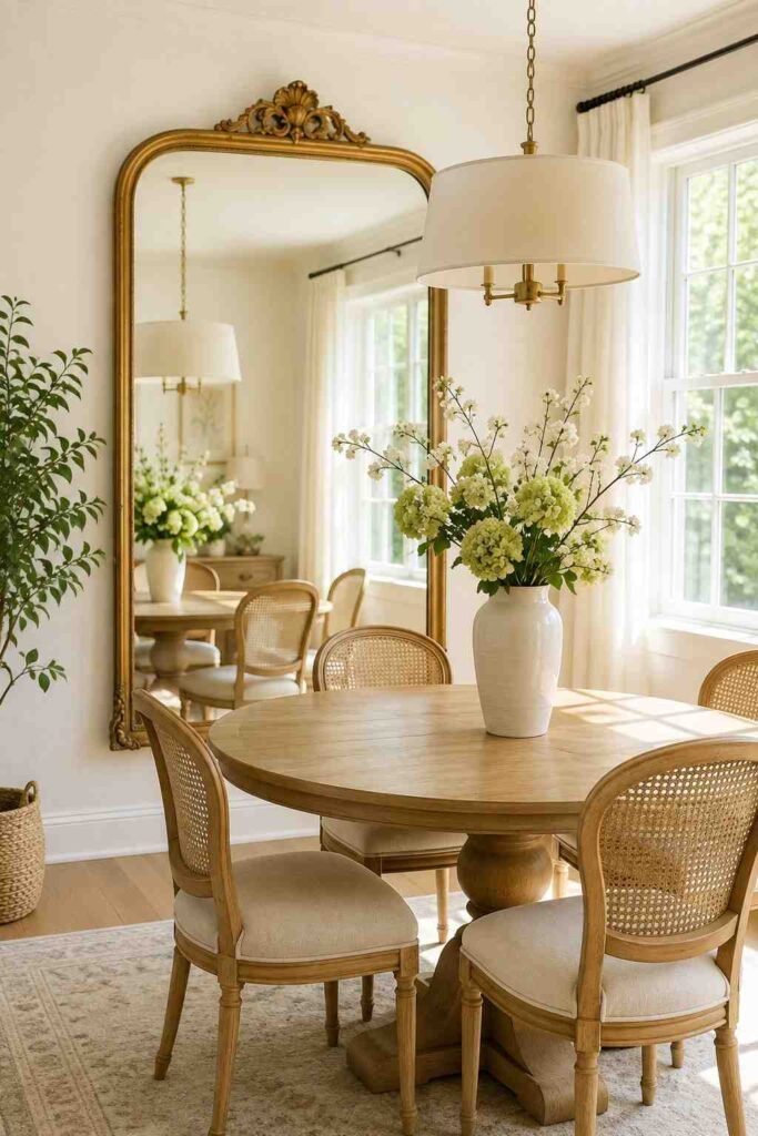  Large ornate aged gold framed mirror on white dining room wall reflecting natural light and pendant above round wooden table
