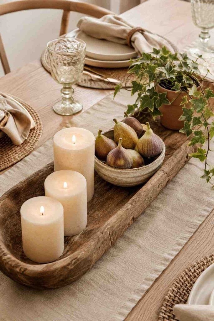 Styled dining table centerpiece with cream pillar candles ceramic bowl seasonal fruit linen runner and trailing plant on wooden tray