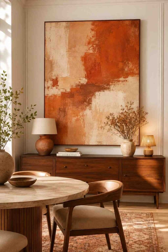 Large abstract canvas in terracotta and rust tones above a dark walnut sideboard in a warm modern dining room