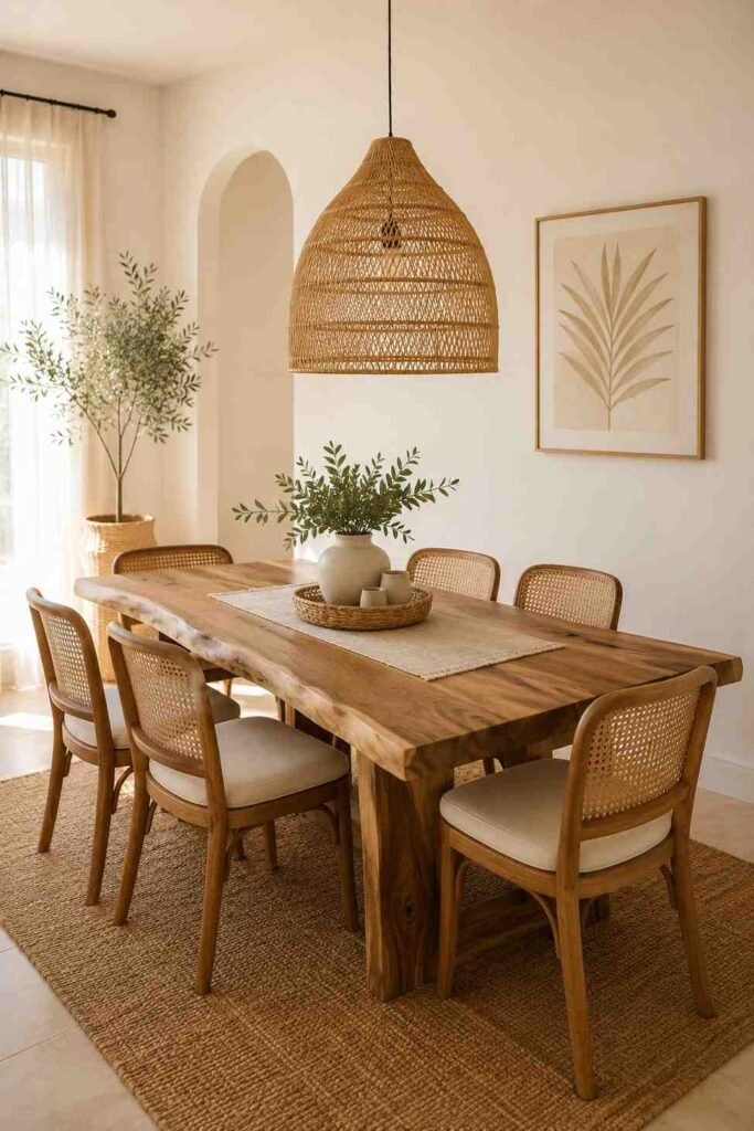 Raw edge wood dining table with cane back chairs rattan pendant light and jute rug in a warm organic dining room

