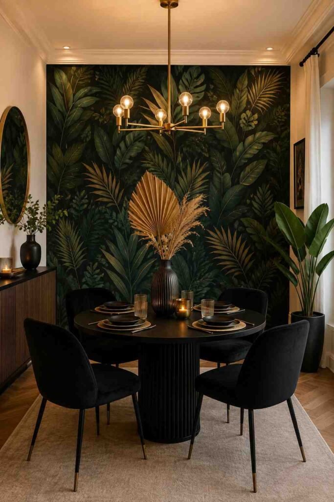 Dark green botanical wallpaper feature wall behind a black round dining table with velvet chairs and brass chandelier
