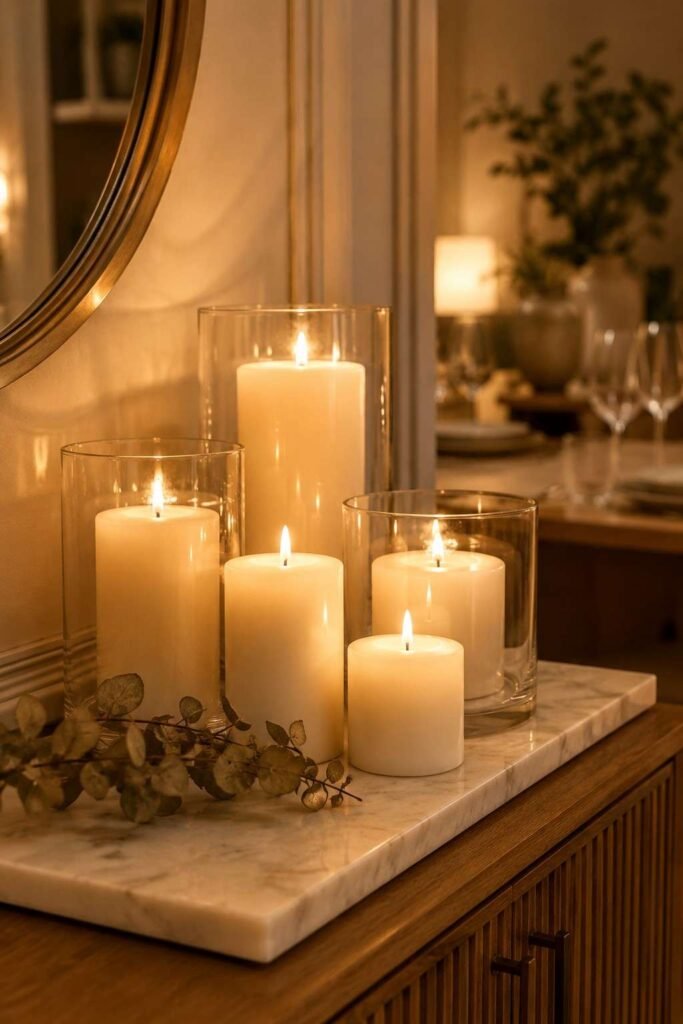 Collection of cream pillar candles in varying heights on marble slab with glass hurricane holders in a romantic dining room
