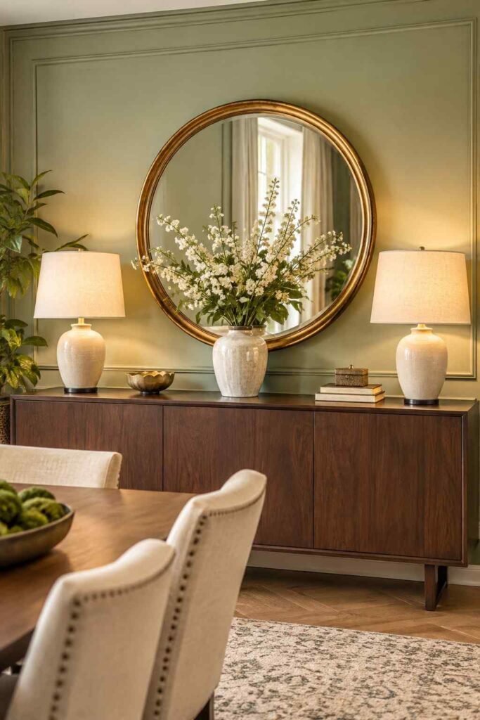  Dark walnut sideboard styled with gold mirror twin lamps and ceramic vase against a sage green dining room wall
