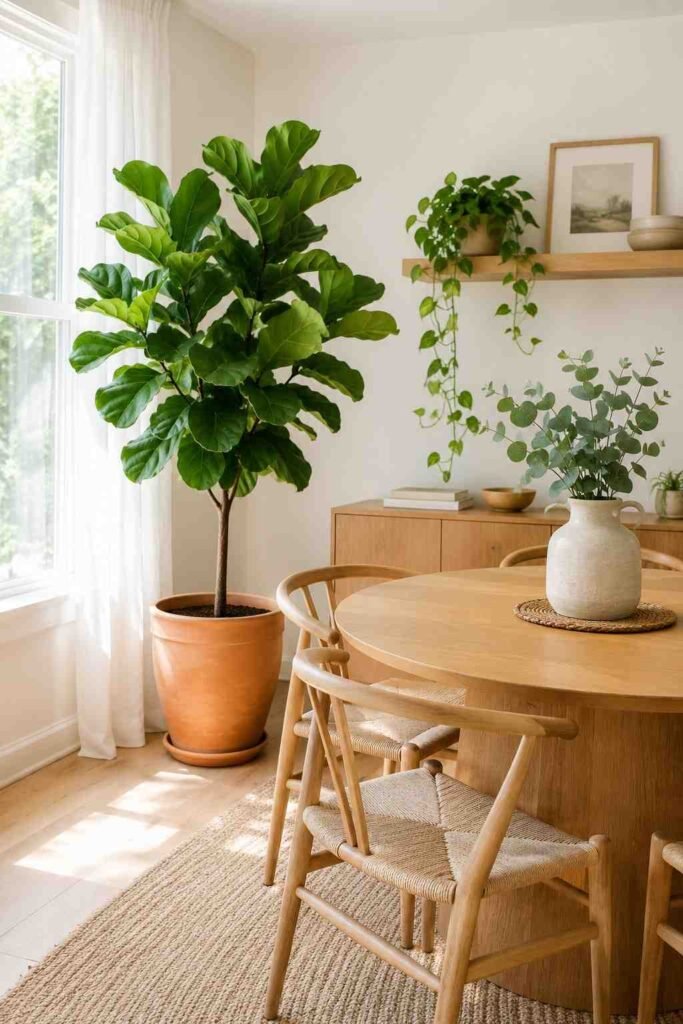 Large fiddle leaf fig in terracotta pot beside a round oak dining table with eucalyptus stems and trailing pothos in background
