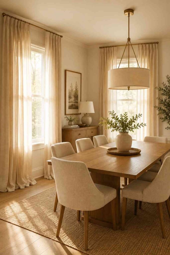  Floor to ceiling oatmeal linen curtains on tall dining room windows with pendant light and upholstered dining chairs below
