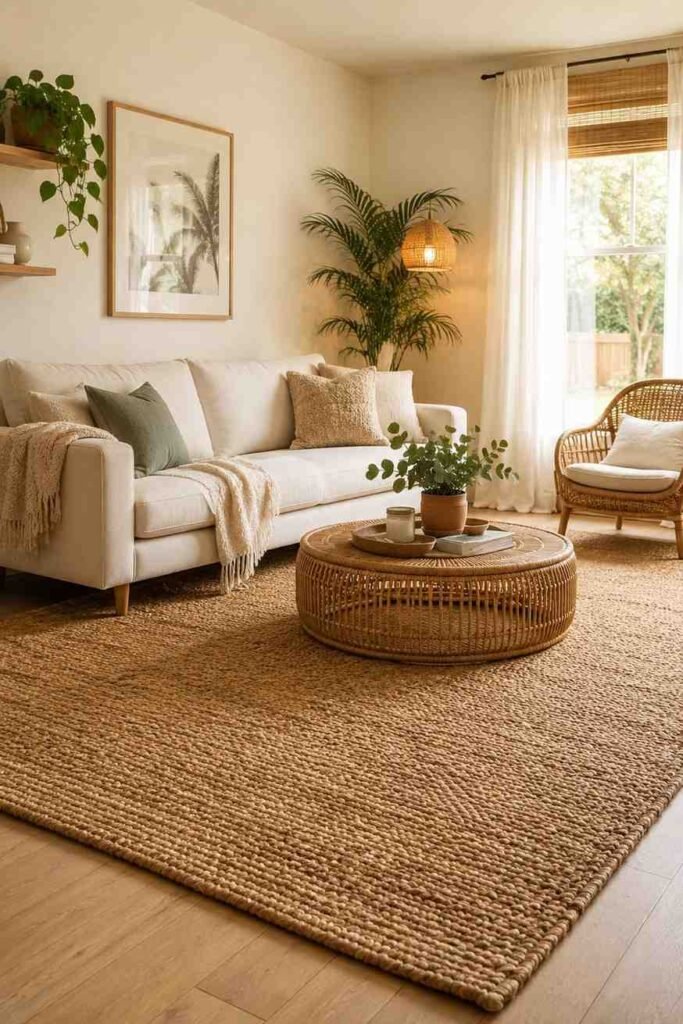 Oversized natural honey brown jute rug under cream linen sofa and rattan coffee table in relaxed living room