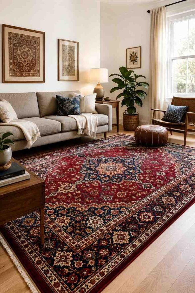 Vintage Persian rug in deep ruby red blue and gold tones under neutral grey sofa in character filled living room