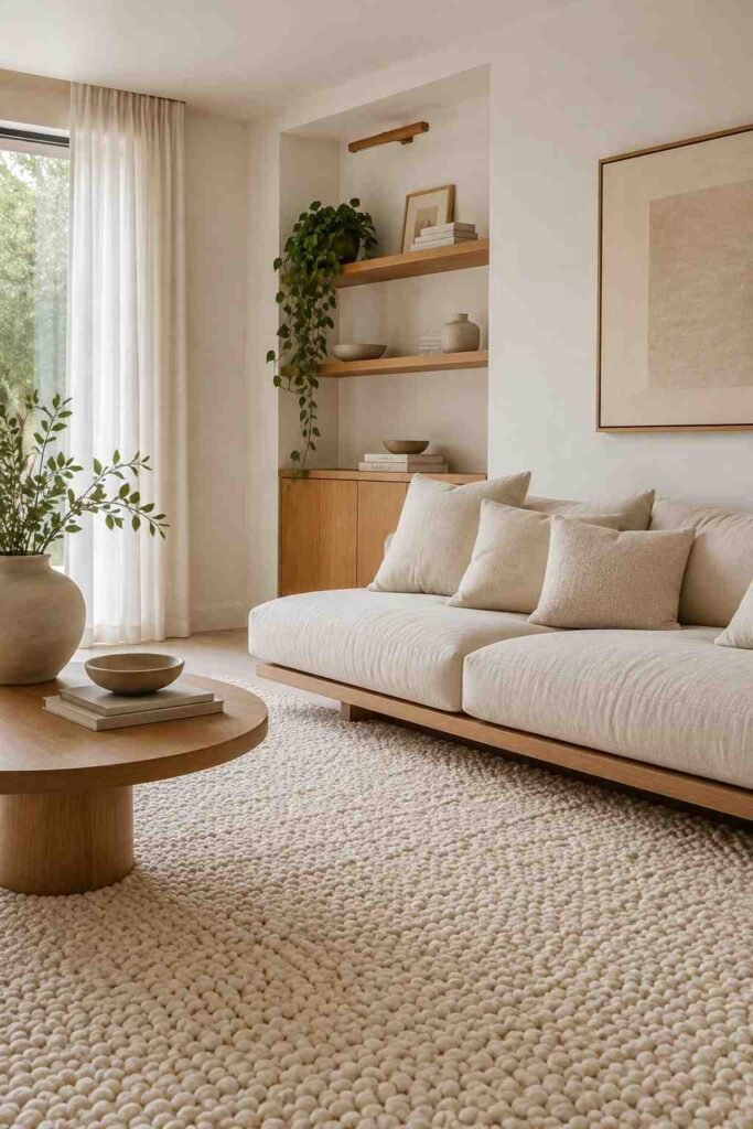 Thick plush cream boucle rug with looped texture under linen sofa and oak furniture in minimalist living room