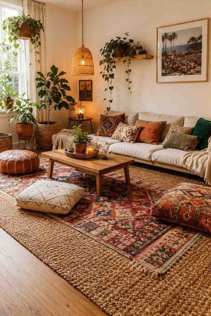 Layered jute base rug with colorful kilim rug on top under coffee table and floor cushions in bohemian living room
A contemporary living room with a bold black and white geometric patterned area rug anchoring a simple charcoal grey sofa and glass coffee table. Clean white walls, minimal accessories, one large indoor plant in corner. Graphic and intentional modern aesthetic. Bright editorial interior photography wide angle.