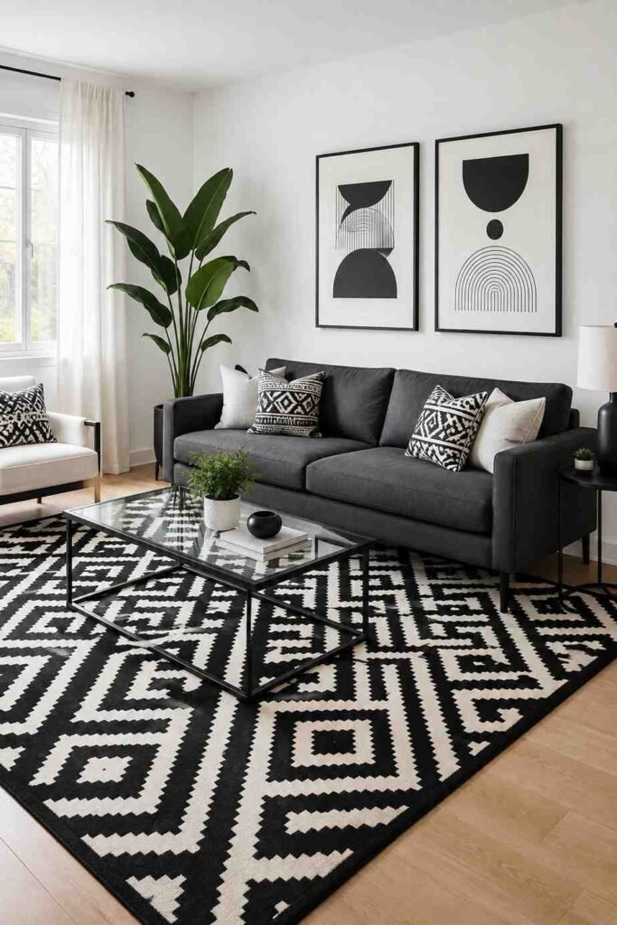 Bold black and white geometric patterned rug under charcoal sofa and glass coffee table in modern living room