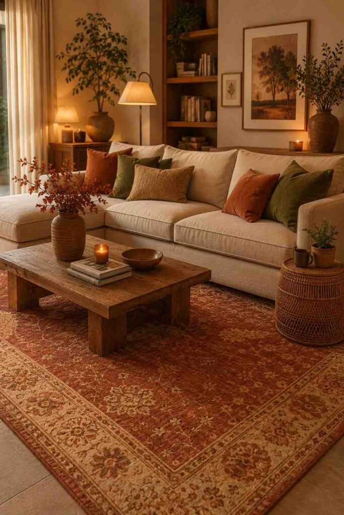 Warm terracotta rust toned area rug under cream sofa with olive cushions and rattan furniture in cozy living room