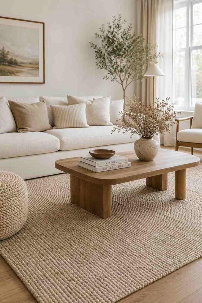 Hand woven oatmeal wool rug with natural texture under cream linen sofa and wood coffee table in timeless living room