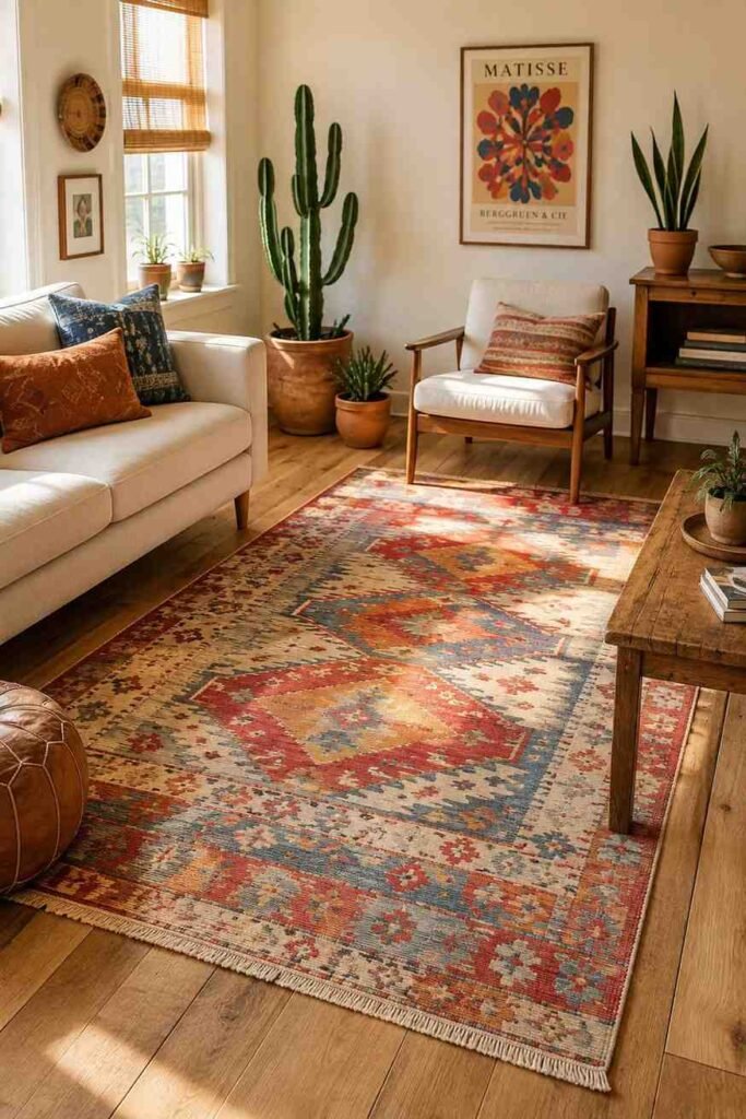 Flat woven vintage kilim rug in faded reds blues and burnt orange on oak floors in globally inspired living room