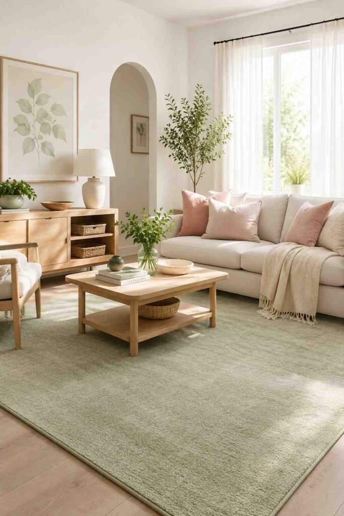 Soft pale sage green area rug under cream sofa with blush cushions and white walls in bright airy living room