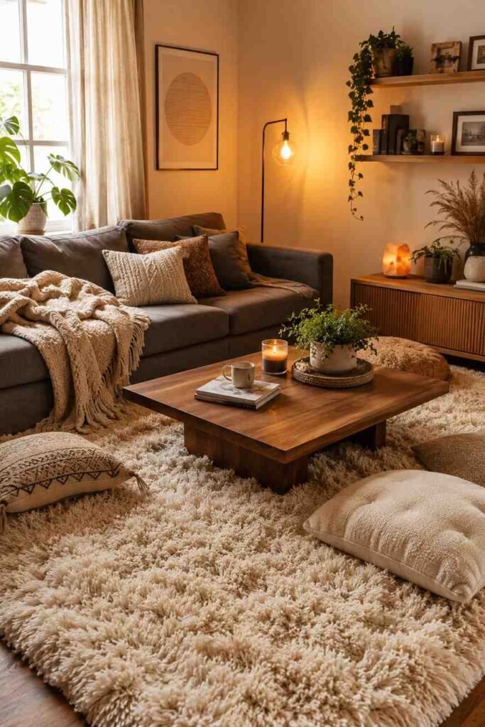 Thick ivory shaggy high pile rug under low coffee table and grey sofa with floor cushions in cozy living room