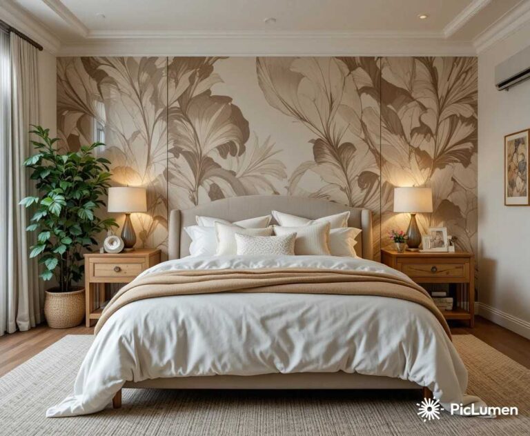 Beautiful master bedroom with feature wallpaper wall soft bedside lighting layered linen bedding and rattan furniture
