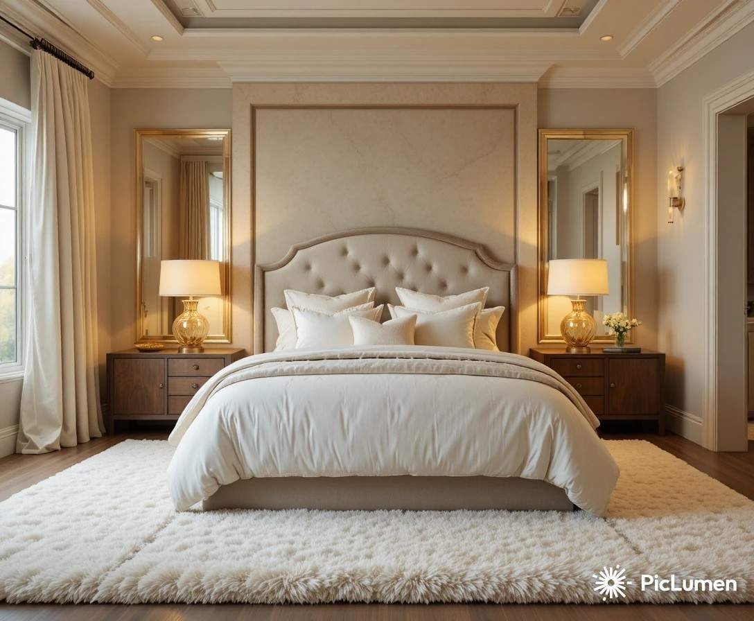 Luxurious master bedroom with upholstered headboard layered white bedding warm lamps and floor to ceiling curtains