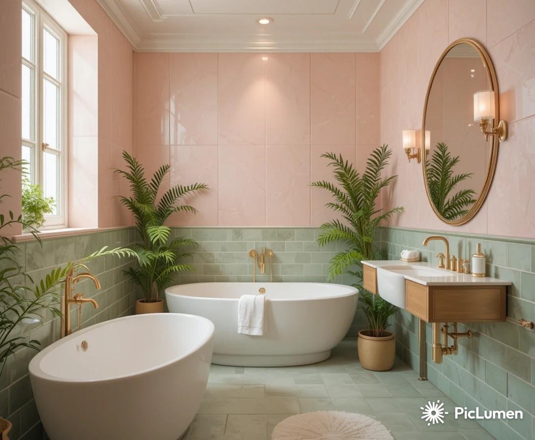 Stunning pink and green bathroom with blush walls sage green tiles gold fixtures and trailing plants in fresh feminine style