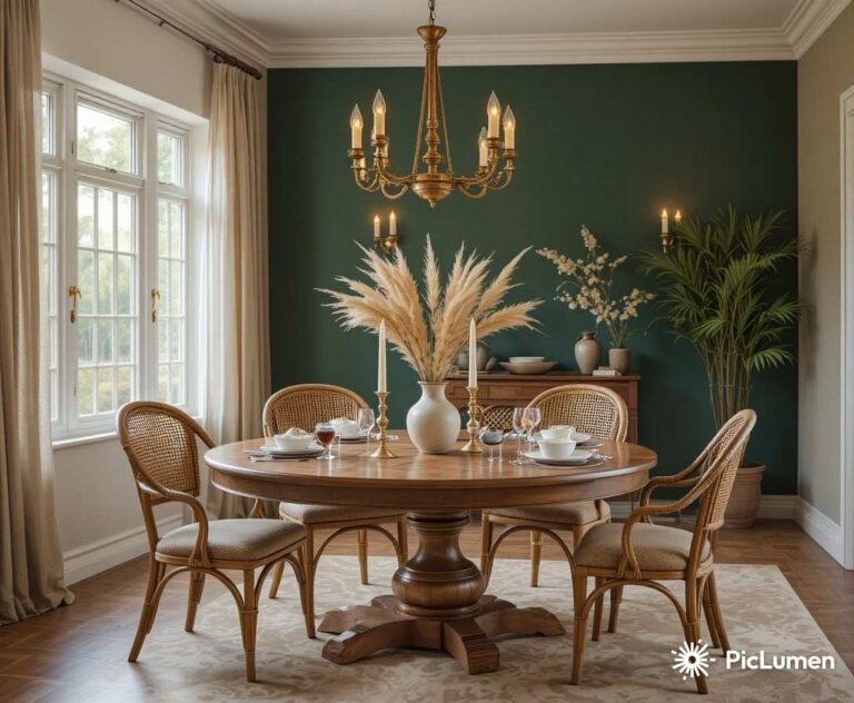 Warm and inviting dining room with oak table rattan chairs brass chandelier and deep green accent wall in soft evening light