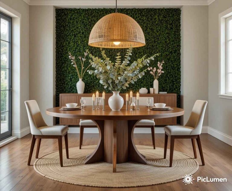Beautiful dining room with walnut table rattan pendant light green accent wall and styled eucalyptus centerpiece