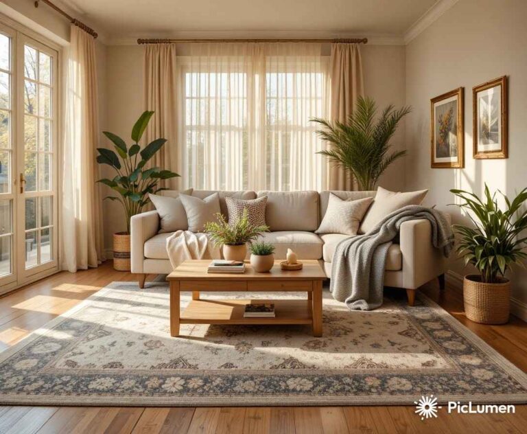 Warm living room with large area rug anchoring neutral sofa wooden coffee table and plants in golden light