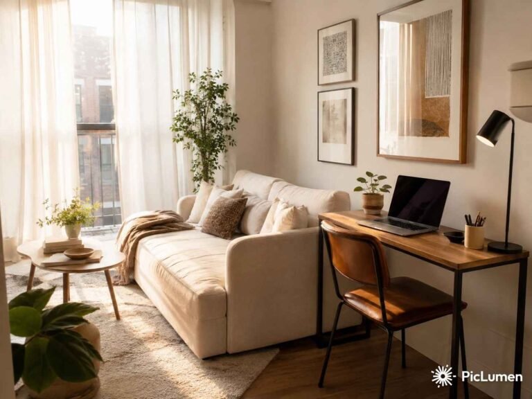 Stylish desk in living room with laptop open small plant and warm neutral tones in bright cozy space