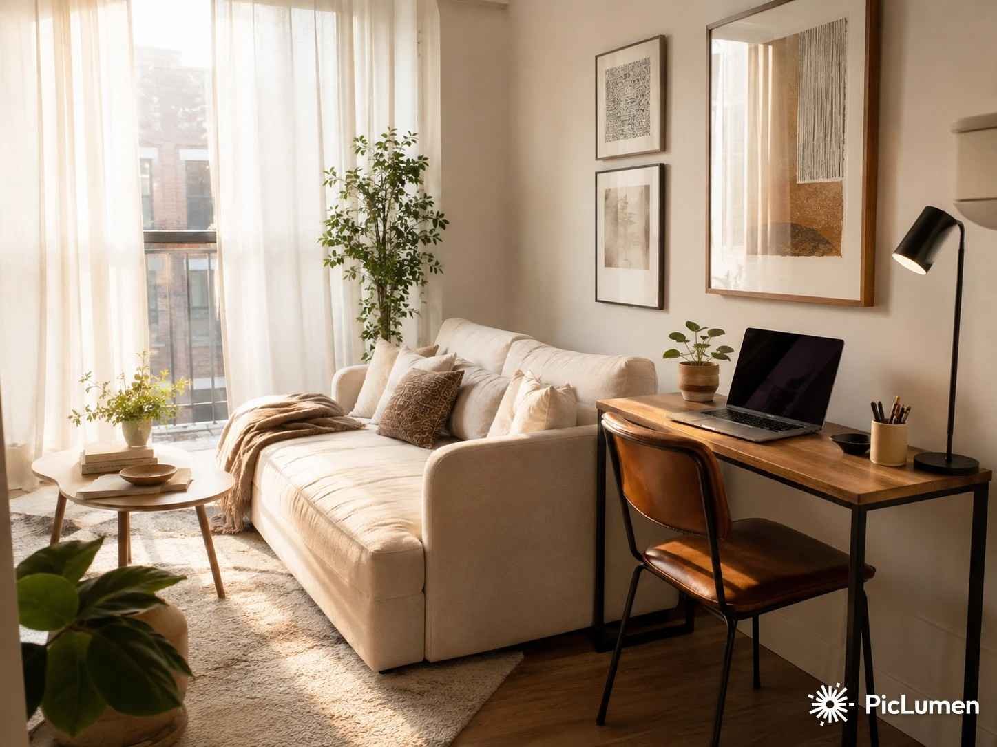 Stylish desk in living room with laptop open small plant and warm neutral tones in bright cozy space