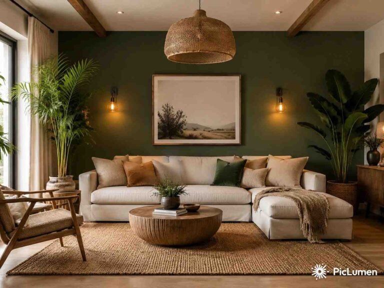 Beautiful living room with stunning feature accent wall neutral sofa warm lighting and indoor plants