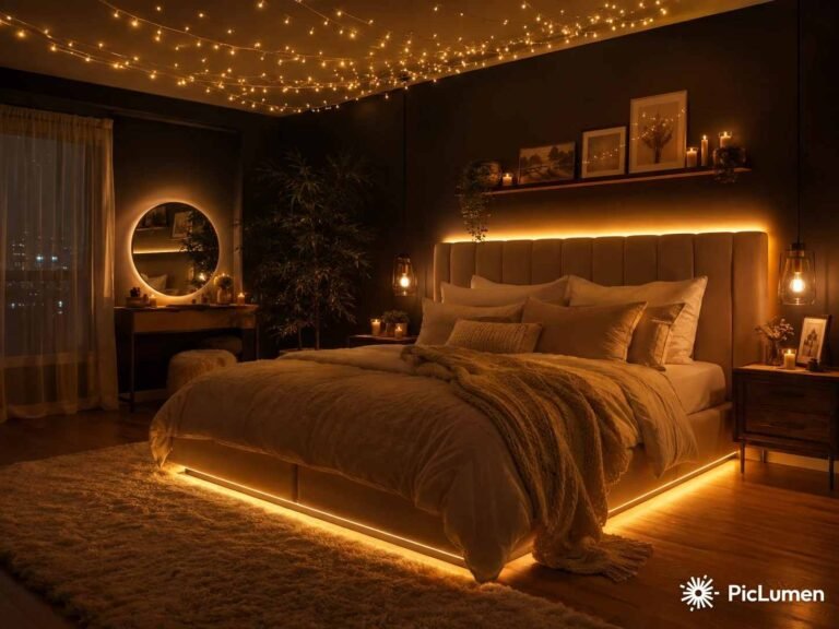 Dreamy cozy bedroom at night with layered warm LED lighting including backlit headboard fairy light canopy and under bed glow