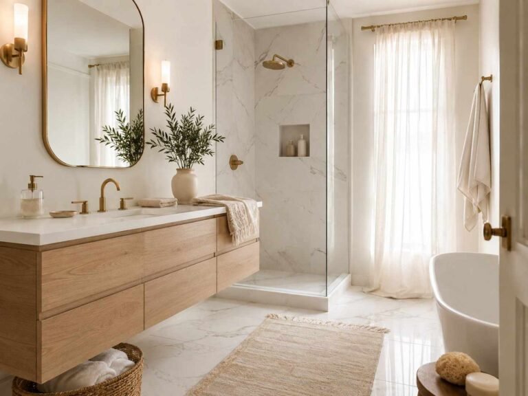 Elegant white bathroom with marble, pale oak vanity, brass fixtures, greenery, and soft natural light.