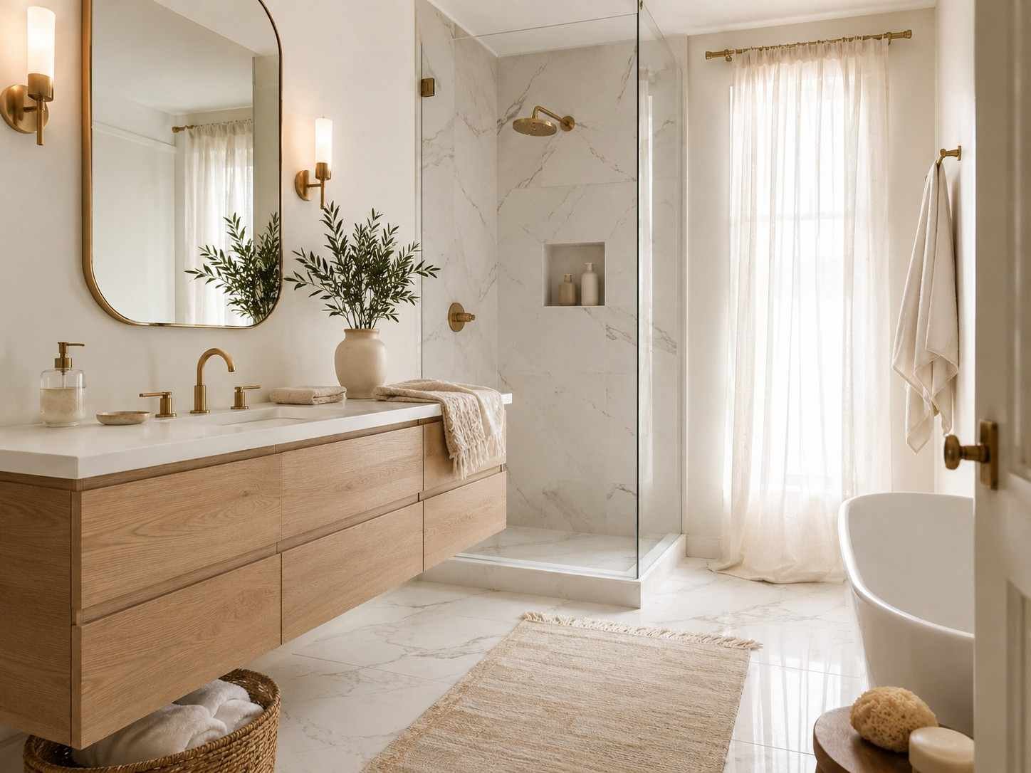 Elegant white bathroom with marble, pale oak vanity, brass fixtures, greenery, and soft natural light.