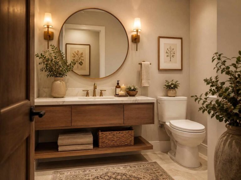 Welcoming guest bathroom with beige walls, marble vanity, brass fixtures, greenery, and warm elegant lighting