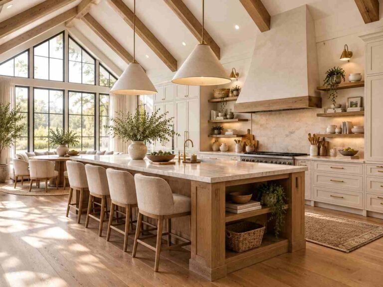Elegant vaulted ceiling kitchen with exposed wood beams, large windows, cream cabinets, natural stone island, and warm lighting.