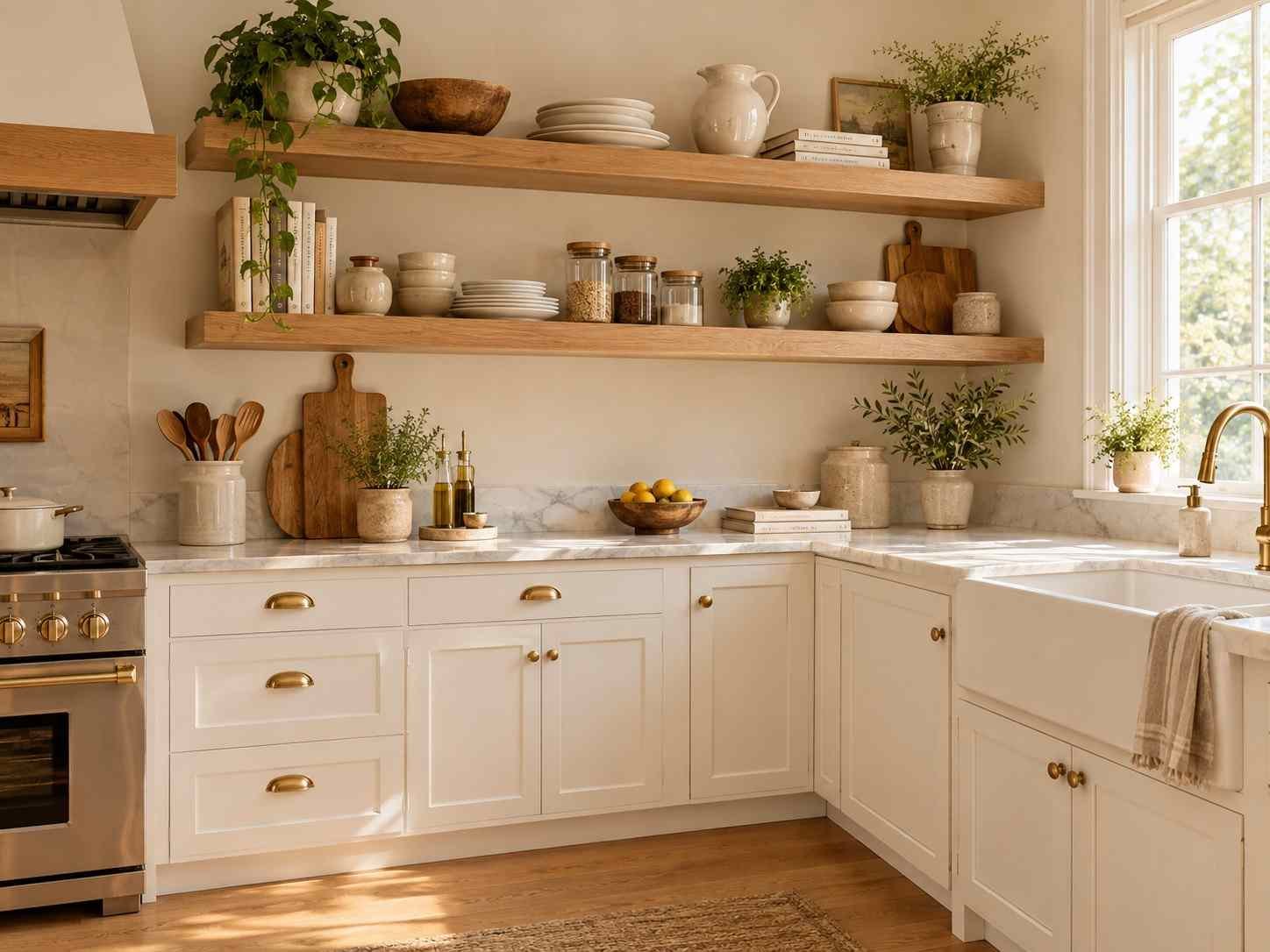 Warm kitchen with natural wood floating shelves styled with ceramics, greenery, glass jars, and wooden accessories.