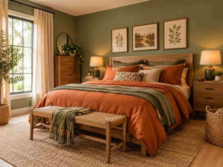 Green and orange bedroom with warm natural textures and cozy decor