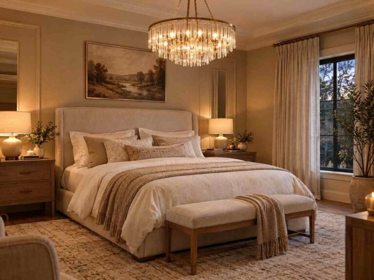 Elegant bedroom with a beautiful chandelier above a cozy upholstered bed
