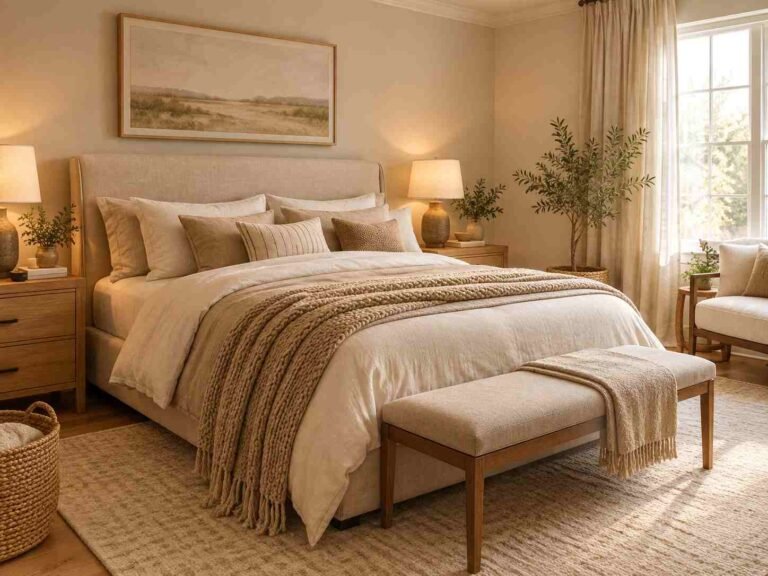 Cozy neutral bedroom with layered bedding, warm lighting, natural wood, and soft textures