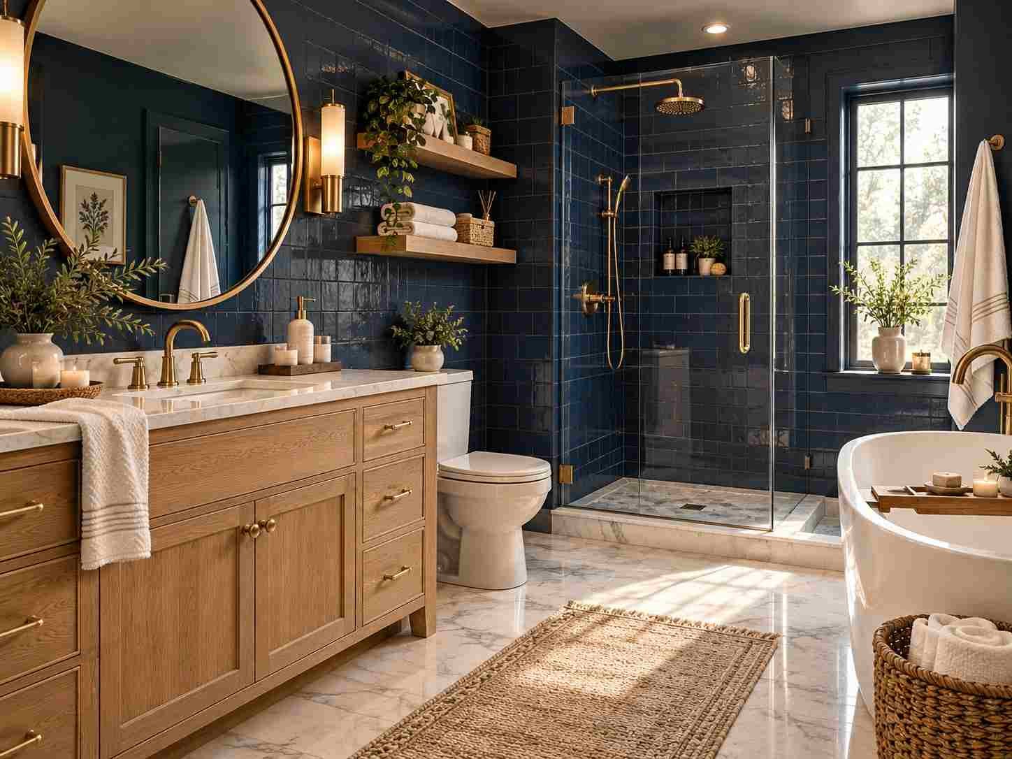 Luxurious navy blue bathroom with marble surfaces, brass fixtures, and warm neutral accents