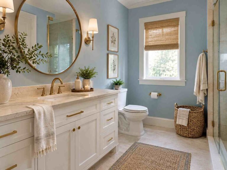 Calm blue bathroom with soft blue walls, brass fixtures, natural wood, and elegant neutral decor